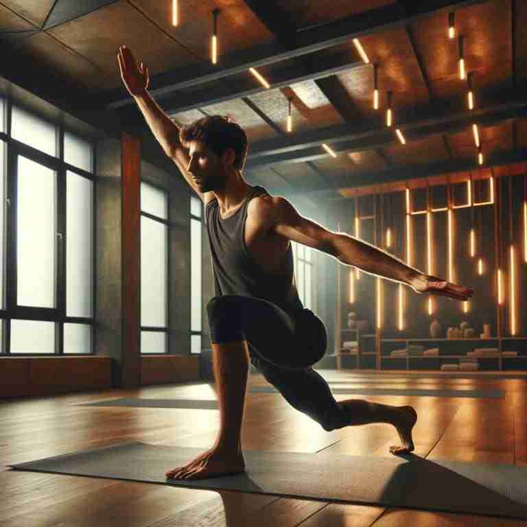 Yoga-for-Men-3 - Resilient Stories AI-generated image of a man practicing yoga in a modern looking studio space by himself.