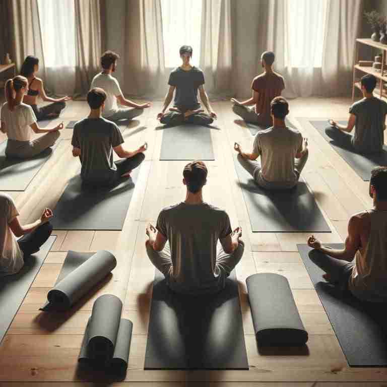 Yoga-for-Men-4 - Resilient Stories An AI generated image of students in a class exploring the benefits of yoga. A spacious, well-lit studio, featuring a diverse group of participants, including a few men, in various yoga poses.