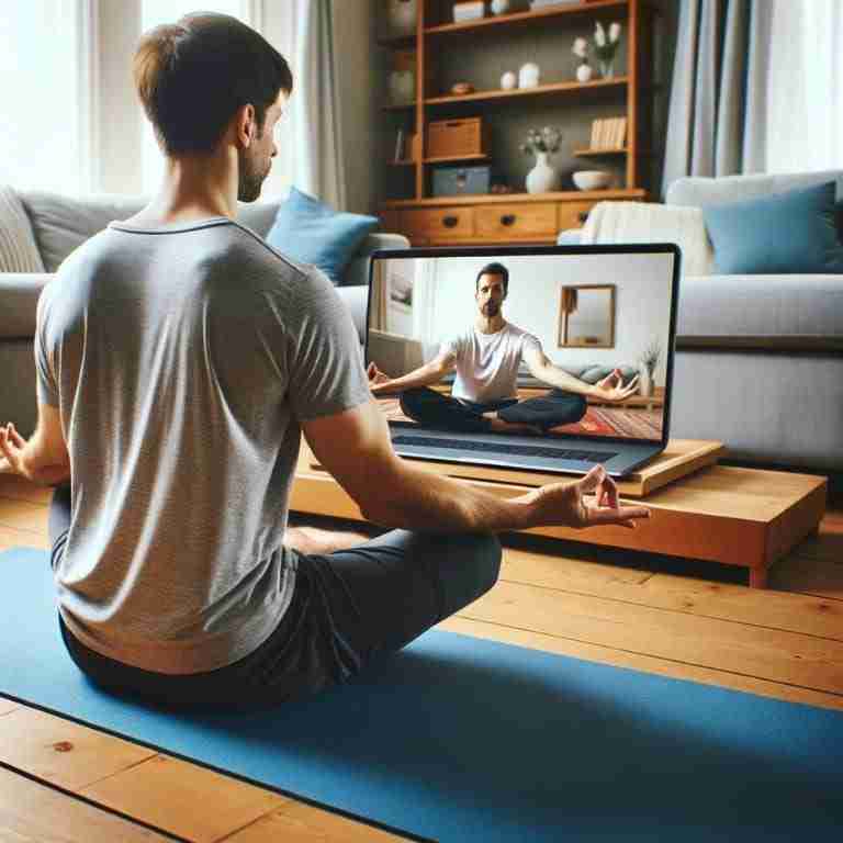 Yoga-for-Men-5 - Resilient Stories An AI generated image of a man reaping the benefits of yoga for men while practicing yoga via video.