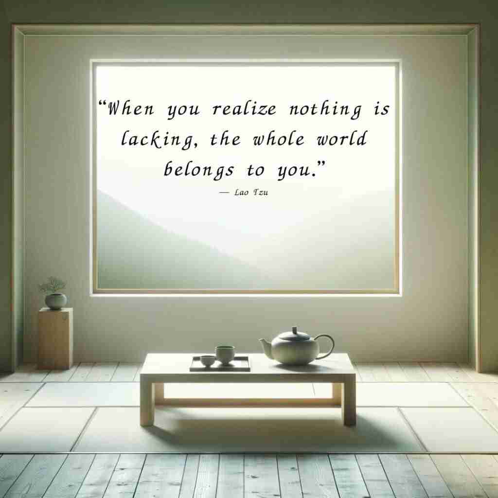 ZenQ-LaoTzu - Resilient Stories Simple room with Japanese teapot and cups on a table in front of a window with a Zen quote that reads "When you realize nothing is lacking, the whole world belongs to you." — Lao Tzu