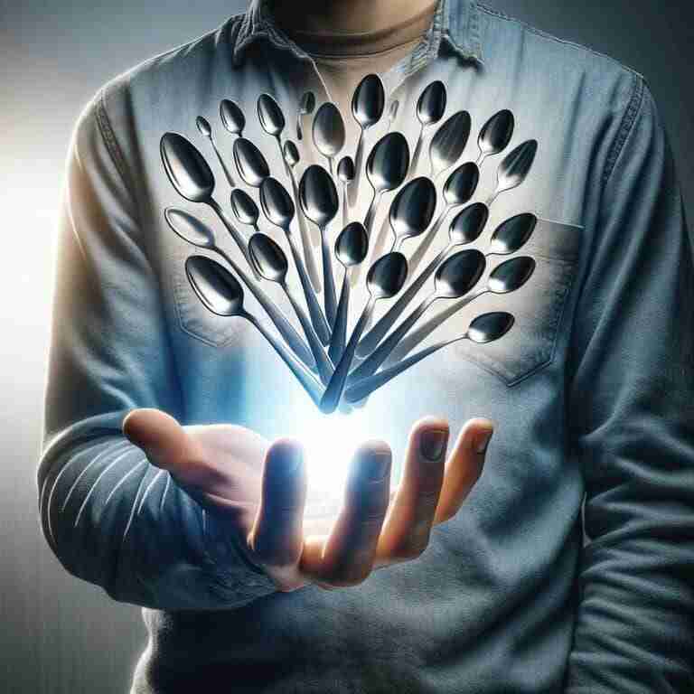 AI-generated image of a man holding a palmful of floating spoons. These represent the popular spoon theory people living with an autoimmune disease are familiar wtih,