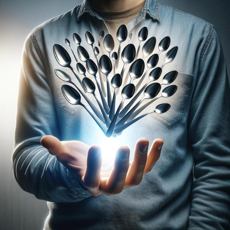 A man holding a palmful of floating spoons. These represent the popular spoon theory people living with an autoimmune disease are familiar wtih,