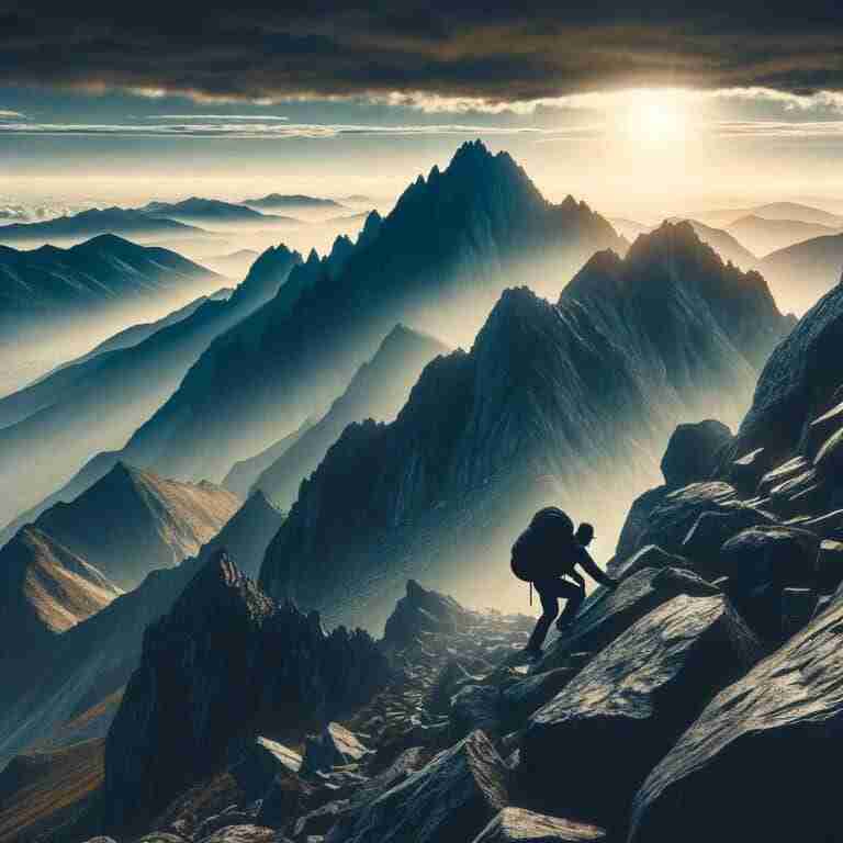 An AI generated image of a man scaling a mountain to symbolize the attitude spoken about in these keep going quotes.