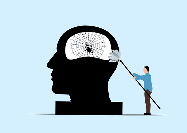 AI illustration of a head full of cobwebs and a man holding a duster, clearing them out.