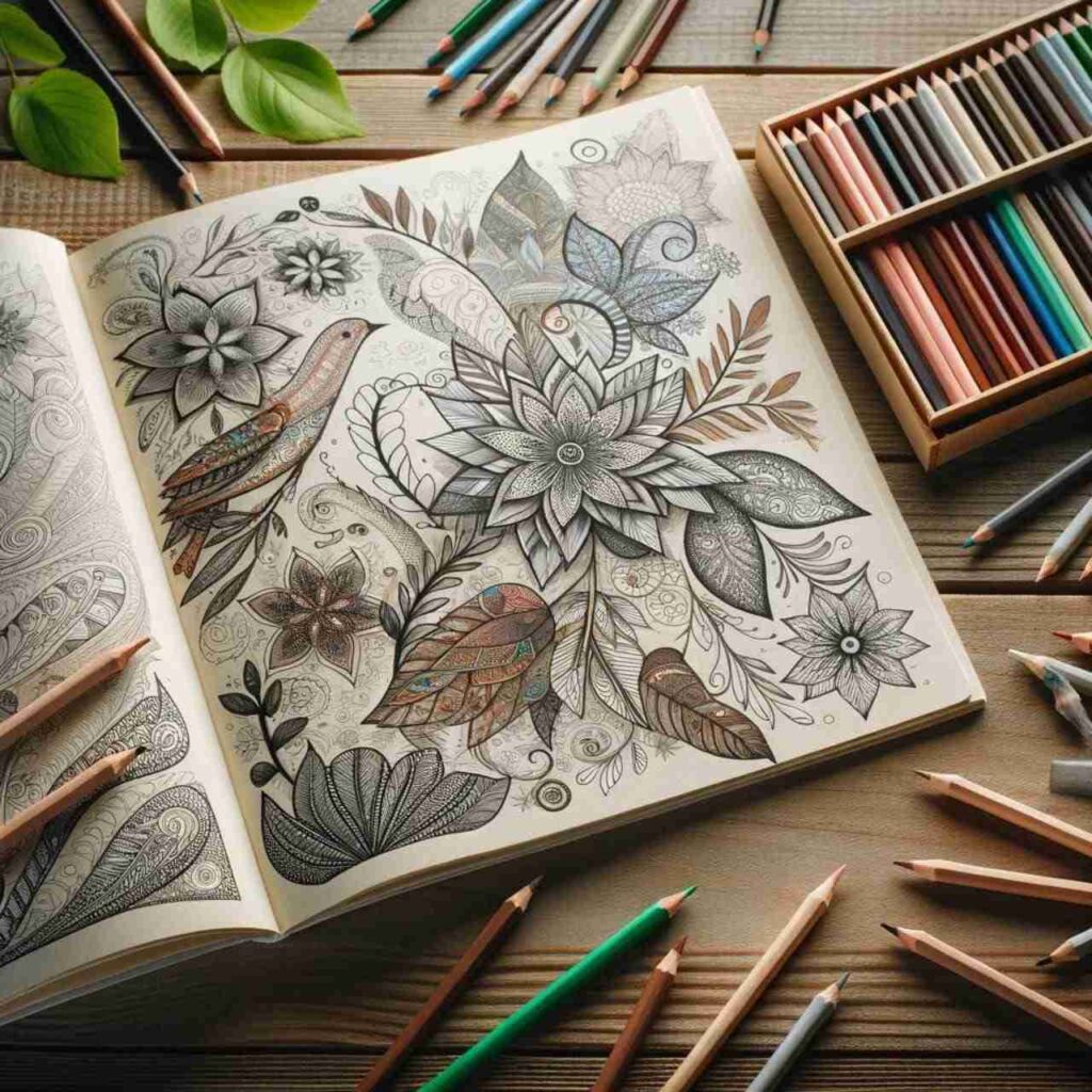 An AI generated photo of an adult coloring book featuring a page with florals and birds. There are various colored pencils around on the table.