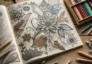 An AI generated photo of an adult coloring book featuring a page with florals and birds. There are various colored pencils around on the table.