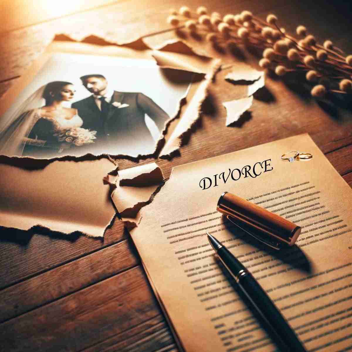 Divorce Featured Image - Resilient Stories AI generated image of a torn wedding photo and divorce papers. The couple's wedding rings sit on top of the papers. This signifies the end of the marriage and healing after divorce.