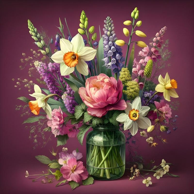 Illustration of beautiful flowers in a ball jar sitting in front of a bright pink background with some flowers on the table to depict flower arranging. 