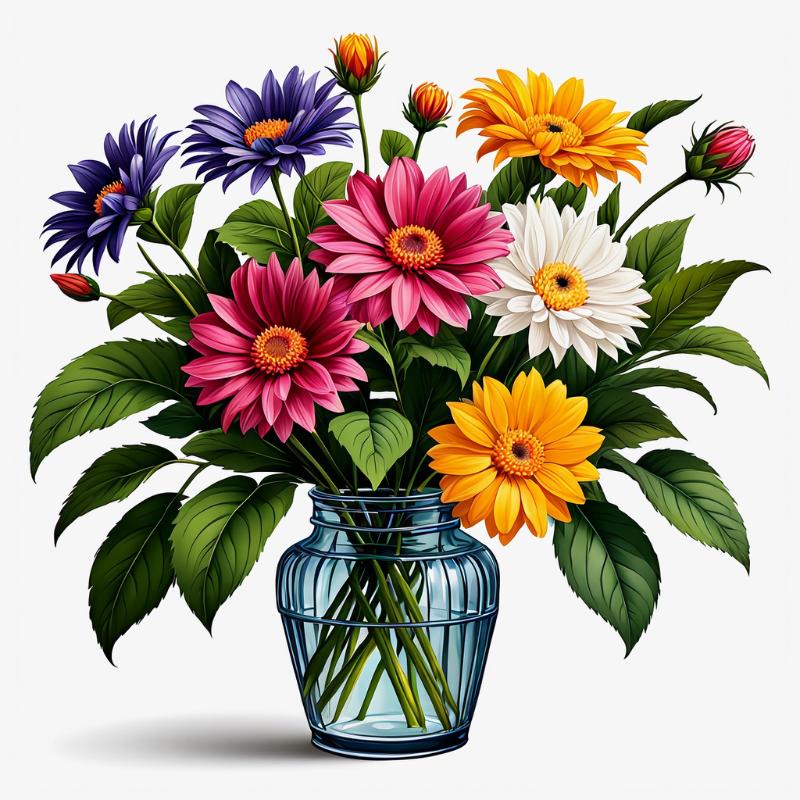 Illustration of colorful gerbera daisies in a vase with water.