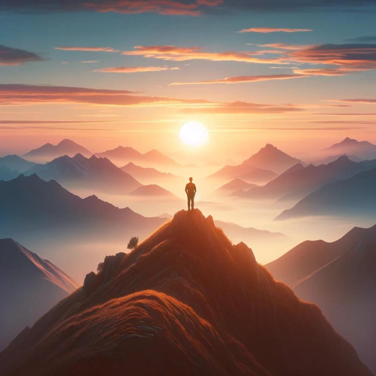 This image features a figure standing at the peak of a mountain, facing a breathtaking sunrise. It captures a moment of tranquility and empowerment, with soft, natural colors that evoke a deep sense of peace, resilience, and hope, symbolizing the beauty of keeping your head up in the face of challenges.
