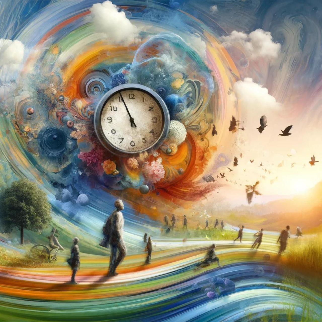 AI generated image of a vivid and imaginative scene that explores the interplay of time and presence, using abstract or symbolic elements to reflect on cherishing the now and living in the moment. There are bright colors and a clock floating while people are engaged with their surroundings.