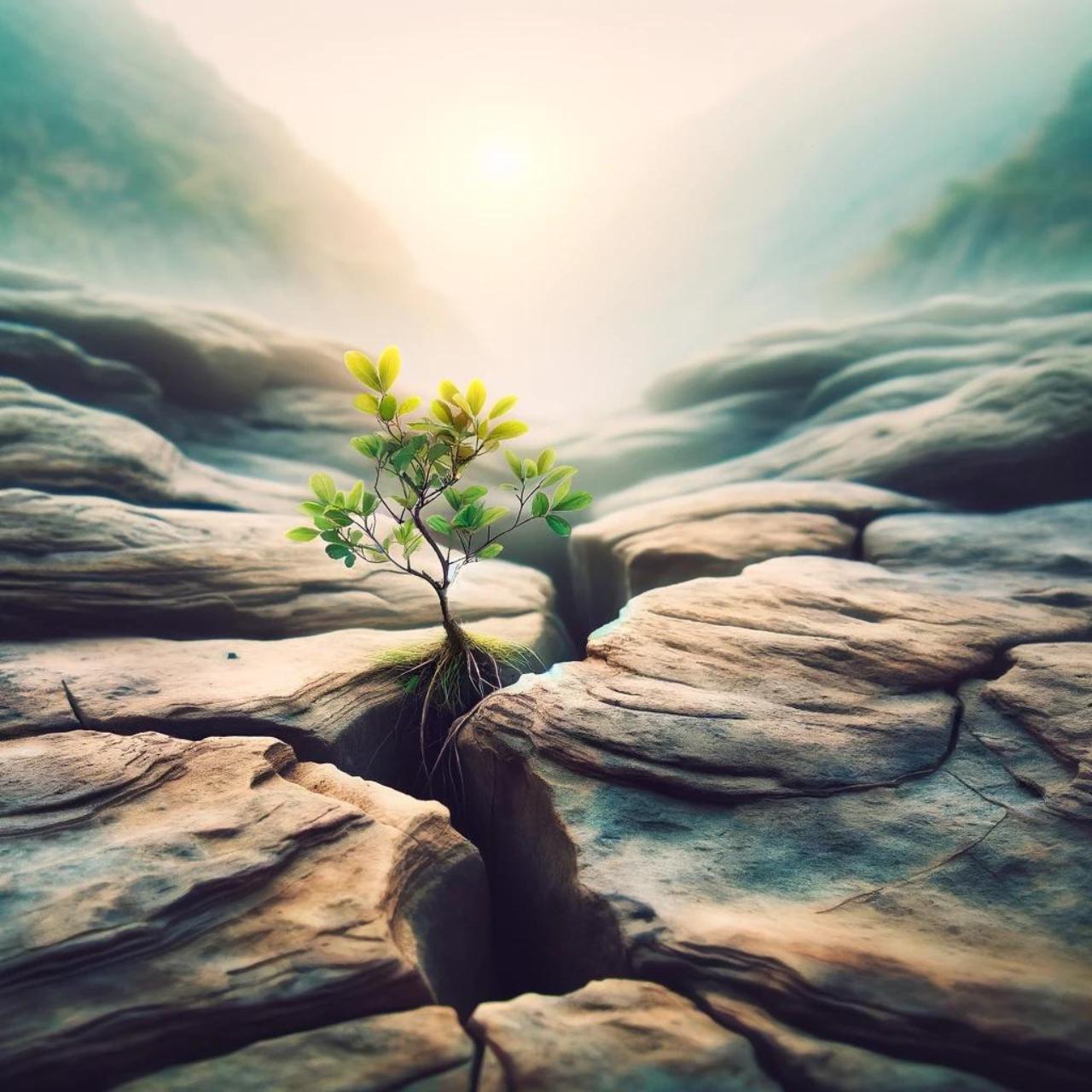 An AI generated image of a sapling emerging through rocky terrain, its persistence highlighted in a gentle, whimsical style.