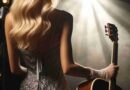 An AI generated image of the back view of a blond woman in a sparkly dress holding a guitar.