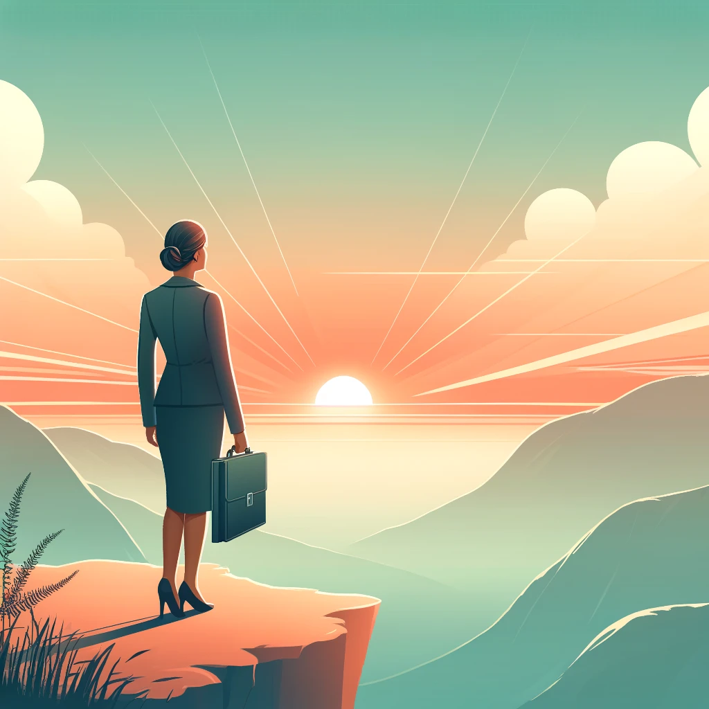 An AI image of a female entrepreneur at the start of her journey, professional and prepared, standing at the cliff's edge as she looks towards the horizon, embodying optimism and the potential ahead as she faces entrepreneurial challenges.