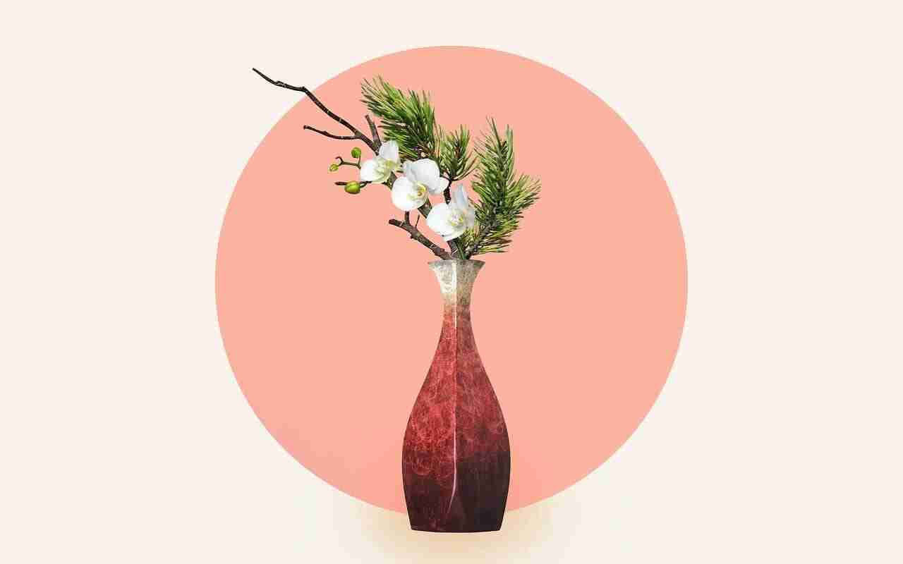 Illustration of red and white vase holding orchids and conifer ferns and sticks, depicting Ikebana flower arranging