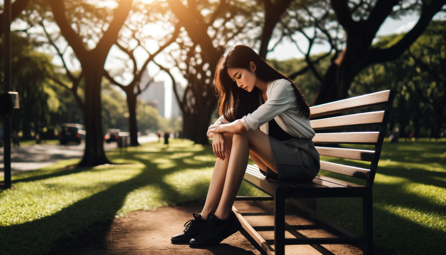 Asian American woman sitting on a park bench in solitude with somber mood feeling defeated