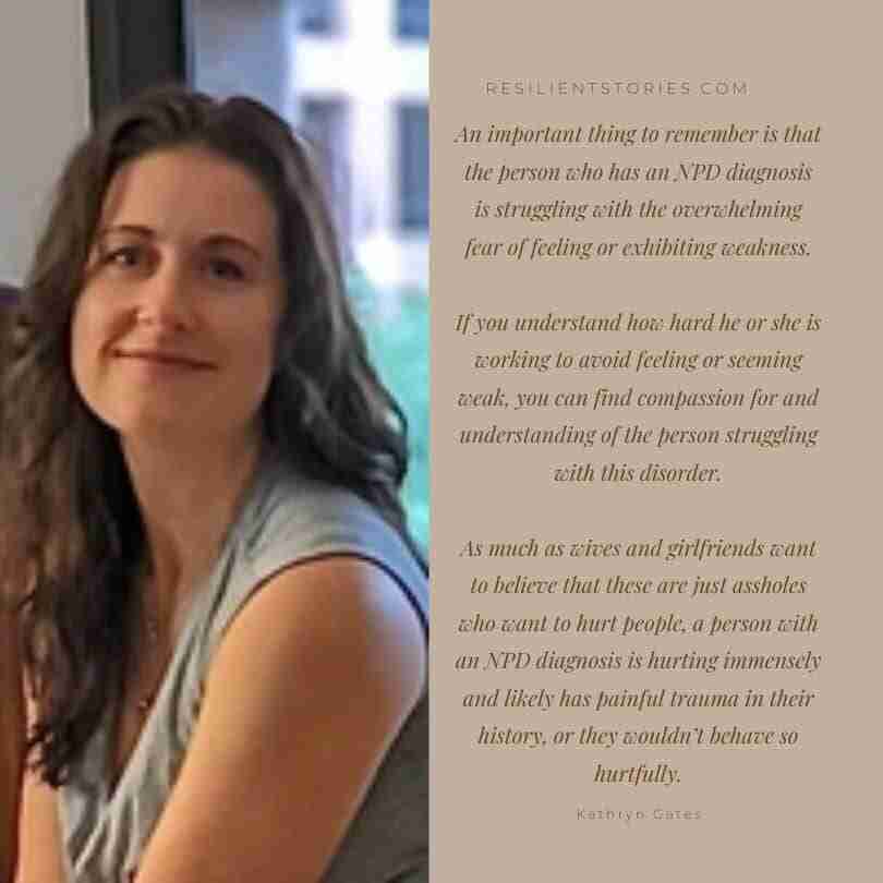 A photo of Kathryn Gates and a quote about her advice on how to deal with a narcissist.
