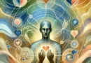 An image that represents the overall theme of the empath quotes article. The central figure embodies various facets of empathy, sensitivity, and emotional connection, surrounded by subtle symbols of empathy such as open hands, interconnected hearts, and soft, flowing lines representing emotional currents. The background uses a soothing blend of natural hues like green, blue, and beige to convey the empath's journey of helping others, the emotional weight they carry, and their deep, intrinsic connection to those around them.