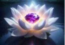 White lotus flower floating in tranquil pond under the moonlight with an illuminated and glistening amethyst crystal at center