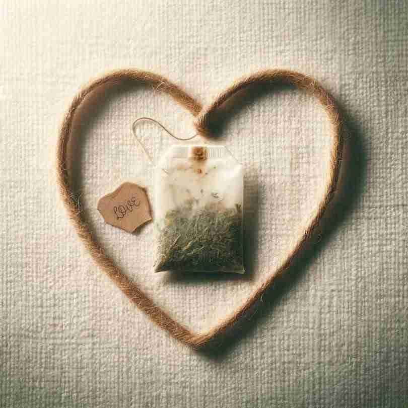 Untitled-design-2024-05-19T101622.800 - Resilient Stories Twine heart surrounding a dry herbal tea bag with a small scrap of brown paper next to it that reads "love."