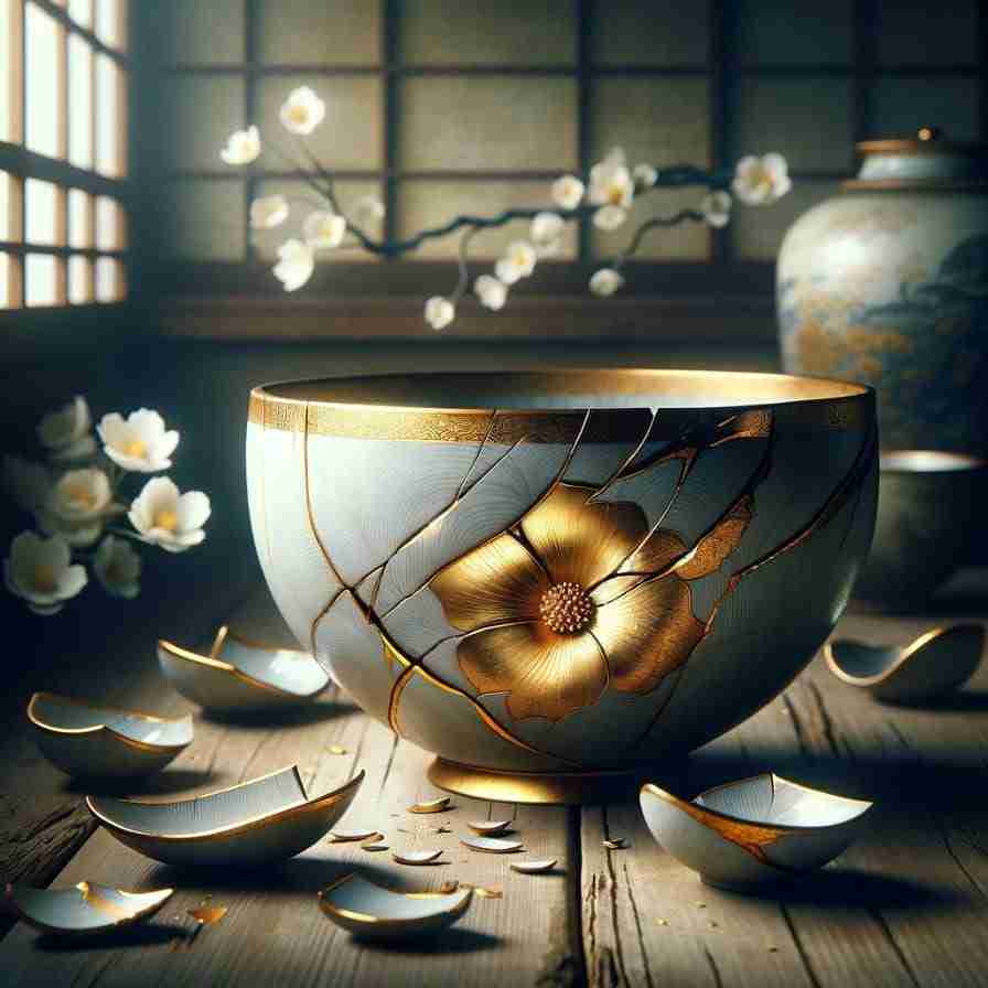 Untitled-design-2024-05-19T184730.010 - Resilient Stories A shatter bowl with a flower on it that has been glued back together representing Kintsugi.