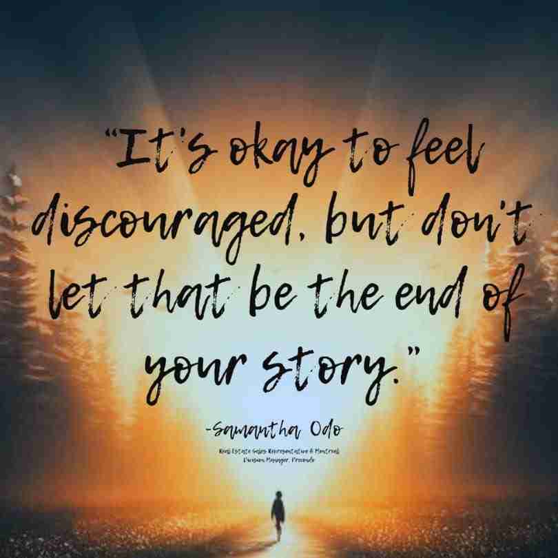 Untitled-design-2024-05-19T184933.849 - Resilient Stories AI illustration of a person walking through the woods toward the light, with a quote that reads "It's okay to feel discouraged, but don't let that be the end of your story."