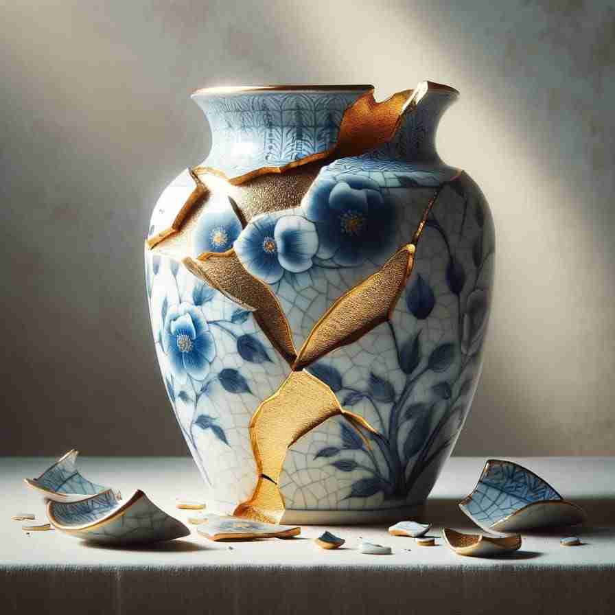 Untitled-design-2024-05-20T153532.368 - Resilient Stories An AI image of a blue and white floral vase with heavy and deep cracks filled with gold.