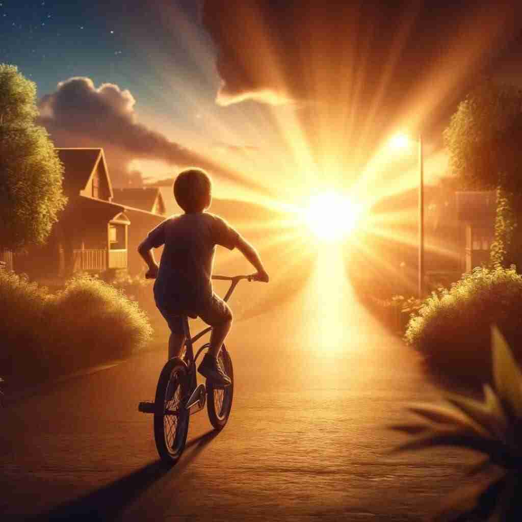 AI-generated image of young boy riding his bike into the sunset