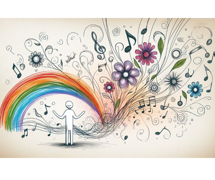 AI illustration of a happy figure standing under a rainbow with pencil drawings of flowers, music, and other happy symbols emerging from it, representing the cultivation of joy 