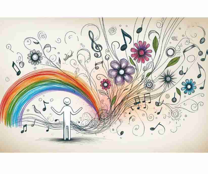 AI illustration of a happy figure standing under a rainbow with pencil drawings of flowers, music, and other happy symbols emerging from it, representing the cultivation of joy 