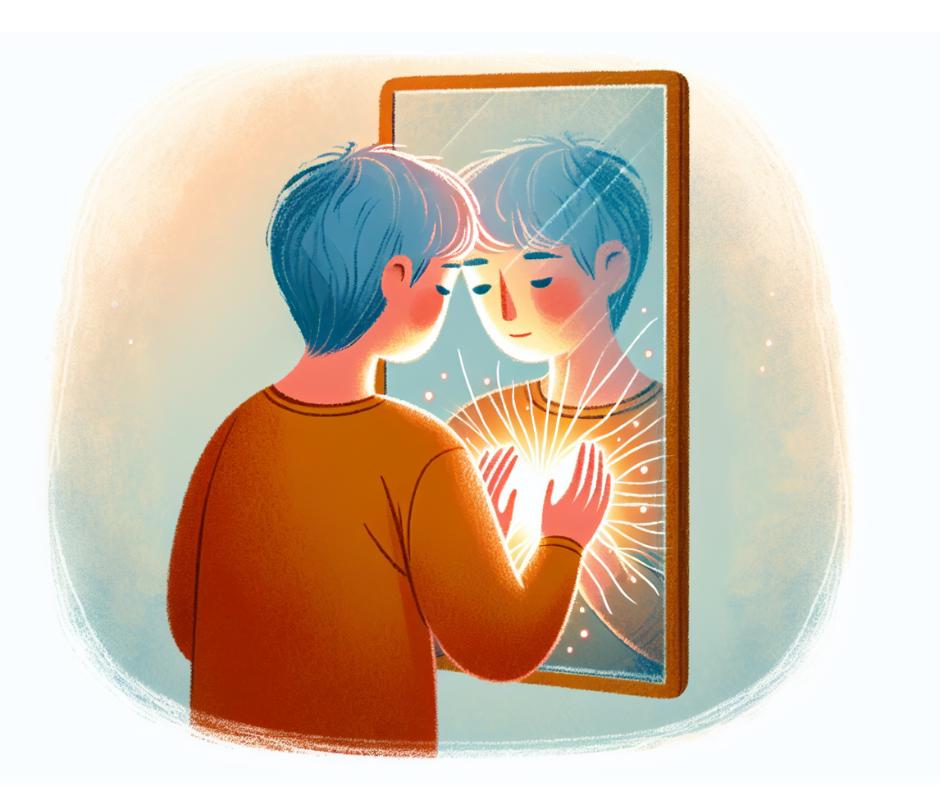 AI illustration of a boy looking in a mirror at a reflection with a big, glowing heart inside it, putting his hands to the mirror, embracing the love and light 