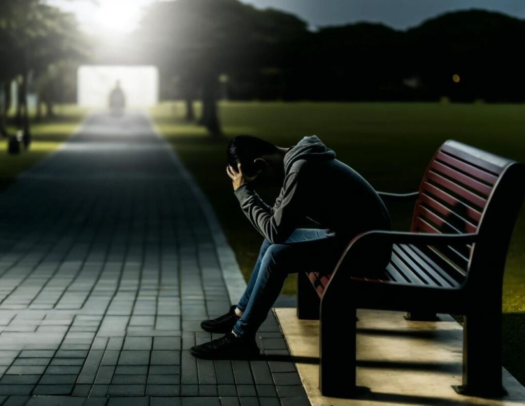 AI illustration of a man sitting on a dark park bench with head in hands, feeling defeated
