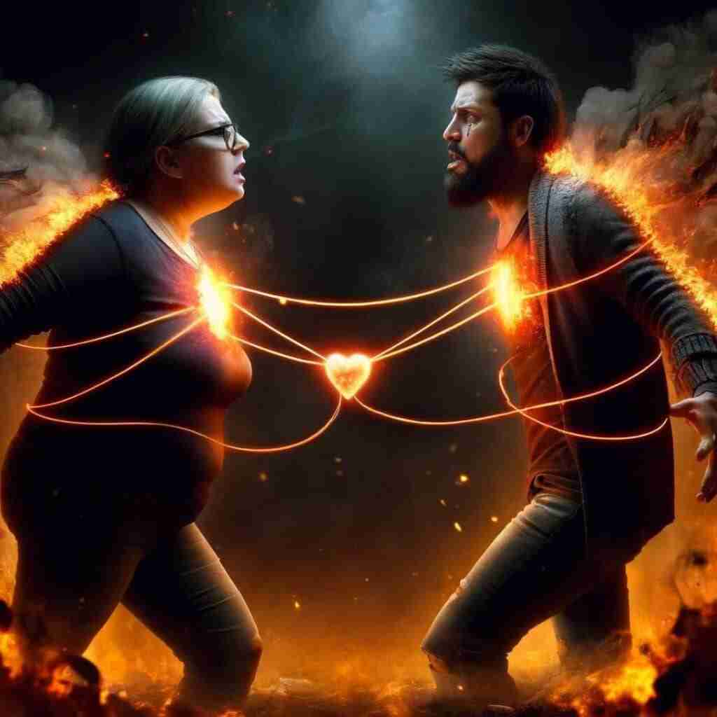 fire - Resilient Stories AI image of couple with both of their hearts on fire, and connected by a burning thread to a shared burning heart between them depicting unhealthy soul ties.