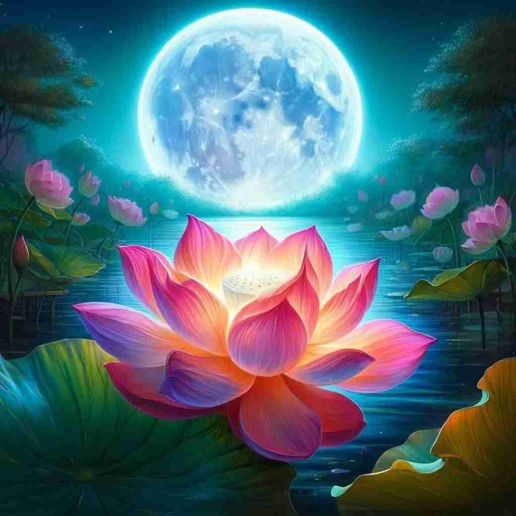 AI illustration of a bright pink lotus in a pond at night, glowing from the light of a giant moon behind it