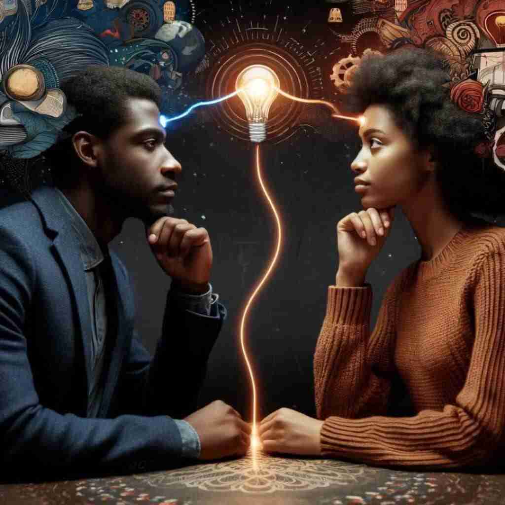 mentL - Resilient Stories AI image of African American couple with illustrations of thoughts and feeling above their heads, their minds connected by glowing lights that lead to the same light bulb depicting the deep connection of mental soul ties.