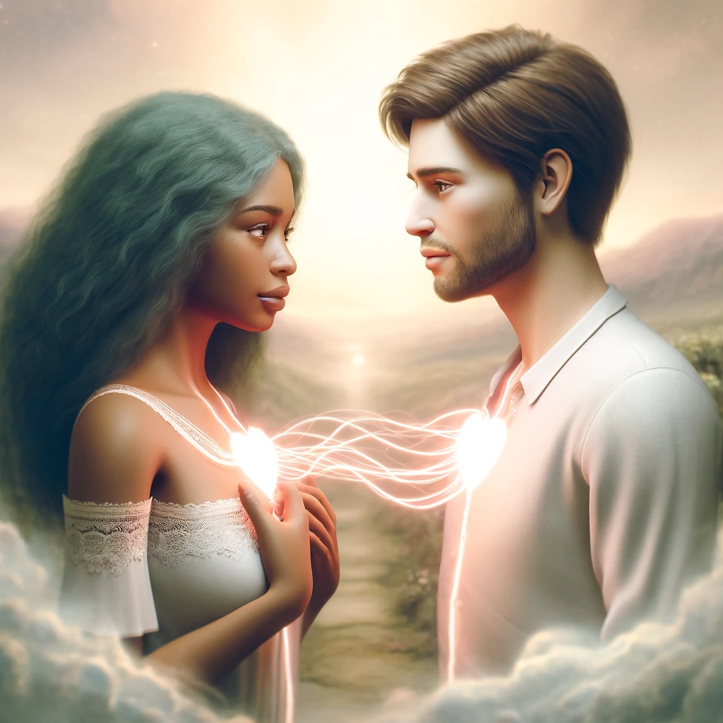 Decoding Soul TIes - Resilient Stories AI-generated ethereal image of man and woman with glowing hearts that are connected by illuminated "divine" thread representing soul ties