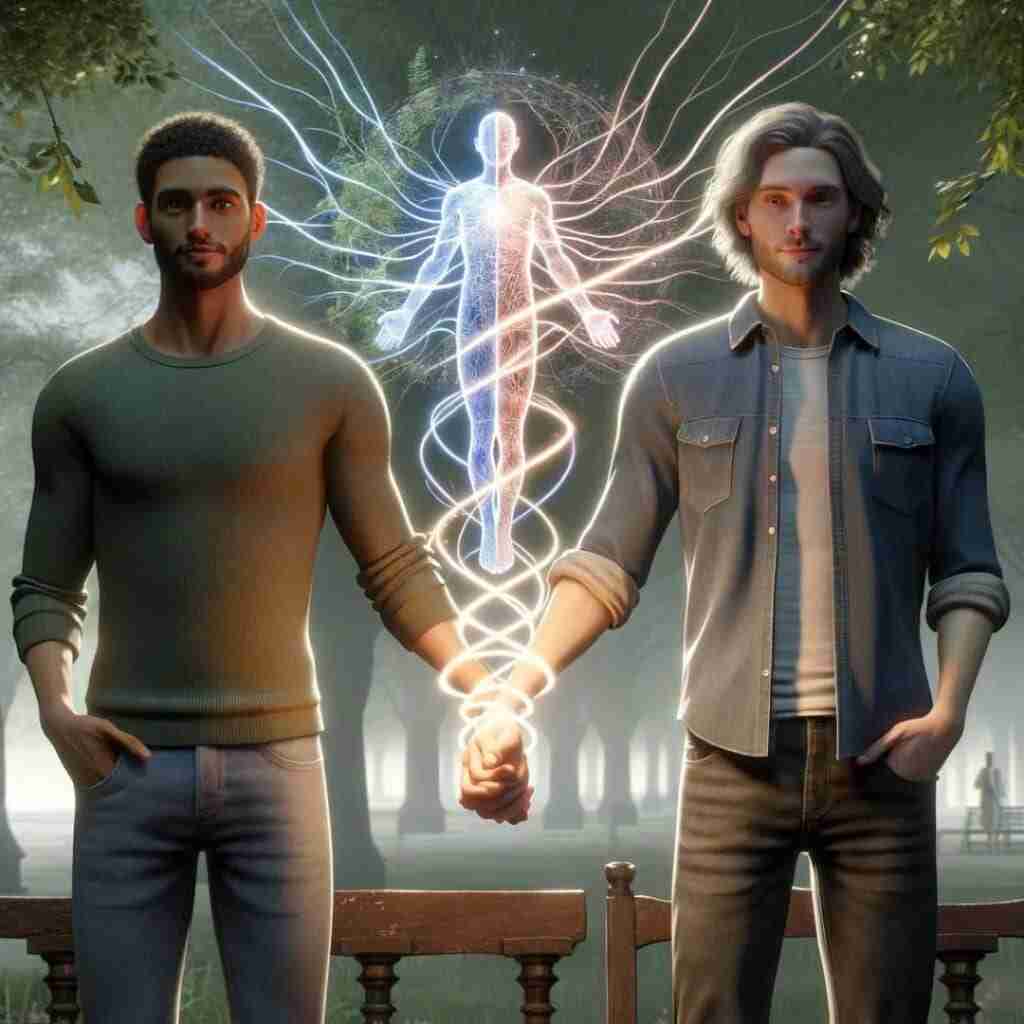 twin-1 - Resilient Stories AI image of gay couple holding hands with white light wrapping around their arms moving up into a spiritual depiction of one person made of up two distinct halves, illustrating how soul ties often feel like the other person is the other half of their soul.