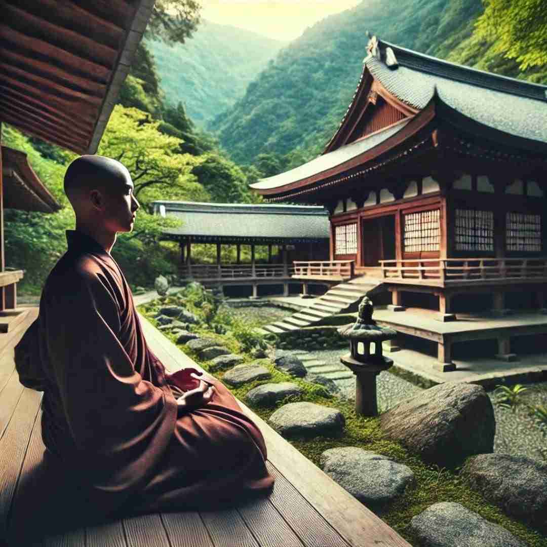 AI generated image of a traditional Zen monk meditating at a serene mountain monastery. The background showcases a beautiful mountain landscape with the monastery's wooden structures, stone paths, and lush greenery,