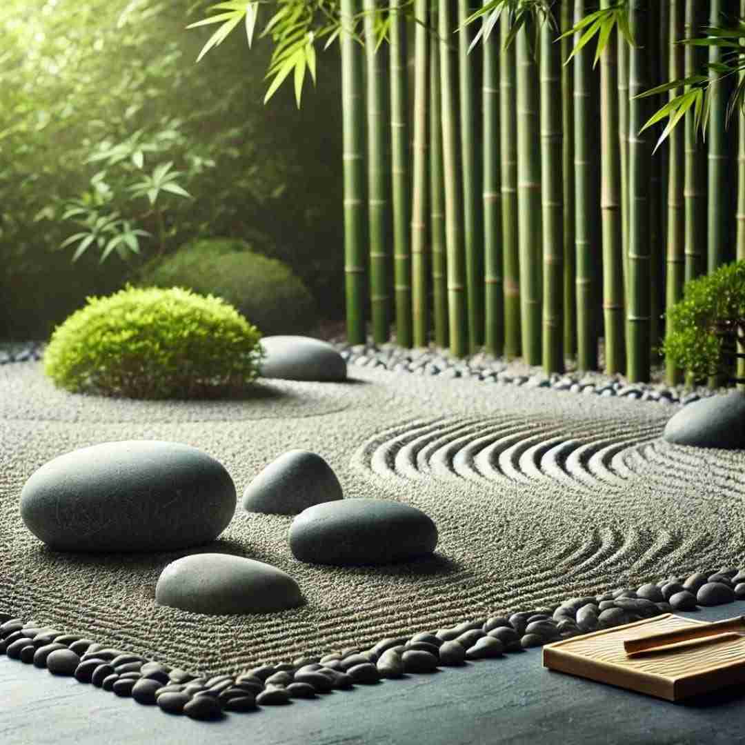AI generated image of a perfectly groomed zen rock garden surrounded by bright green bamboo shoots and leaves.