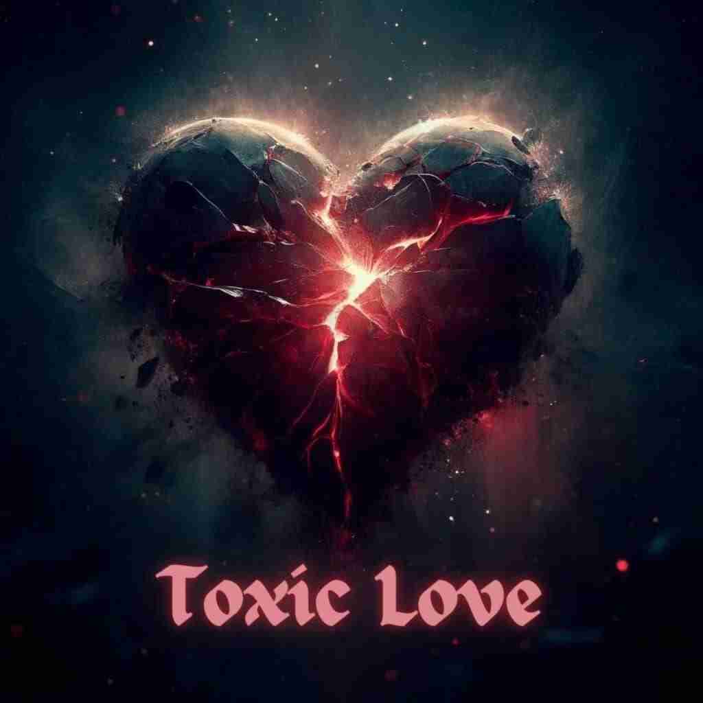 AI-generated image of a dark, emotional image of a shattered heart with light emerging from the cracks. The words Toxic Love are underneath it in a gothic style text.