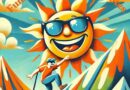 An AI generated image of a smiling sun with sunglasses on and a mountain climber scaling the peak with a smile on his face. The words funny inspirational quotes appear above the sun.