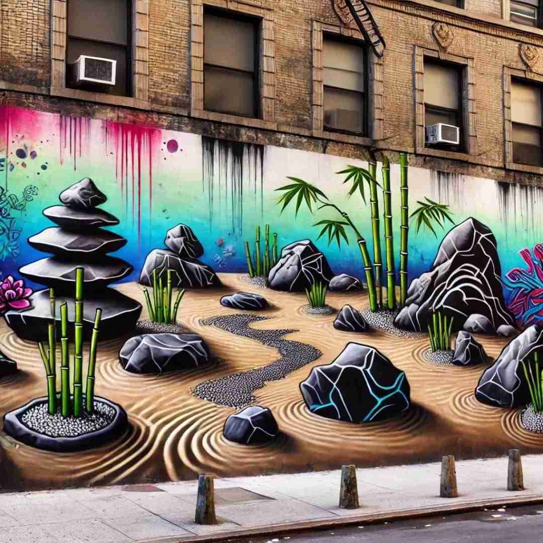 AI generated image of a zen rock garden painted in graffiti style on the side of a city building. This vibrant and colorful mural combines elements of a traditional zen garden, such as raked gravel, carefully placed rocks, and stylized bamboo plants, with the edgy and dynamic aesthetic of urban street art. The fusion of serene zen imagery with the raw texture of the building wall creates a striking contemporary piece that captures the essence of a Zen state of mind in a modern urban context.