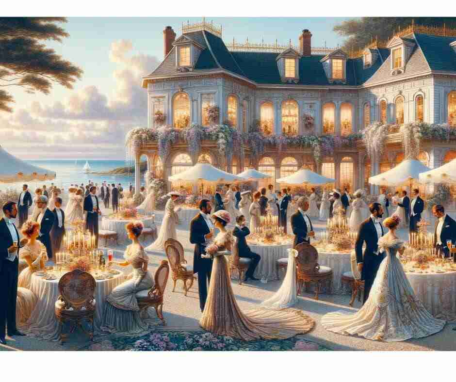 AI depiction of a high-society party in Newport, New York during the gilded era.