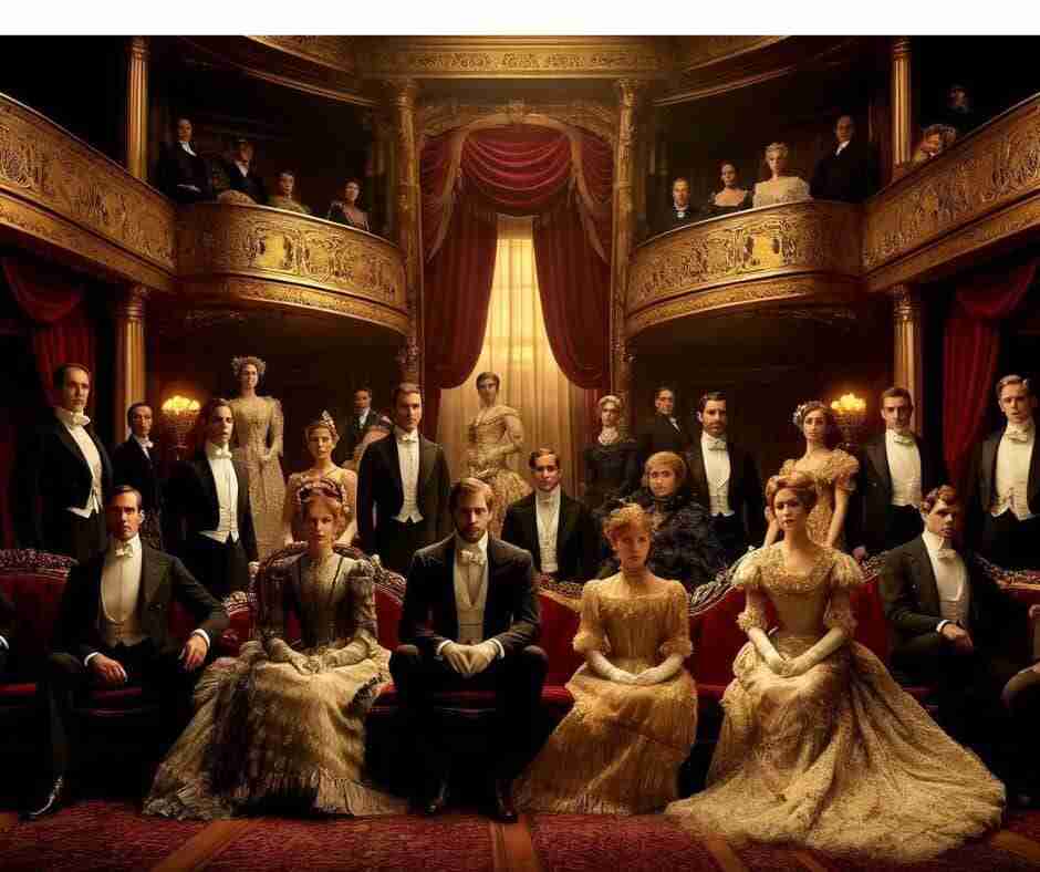 AI depiction of members of elite society gathered at an opera house during the gilded age.