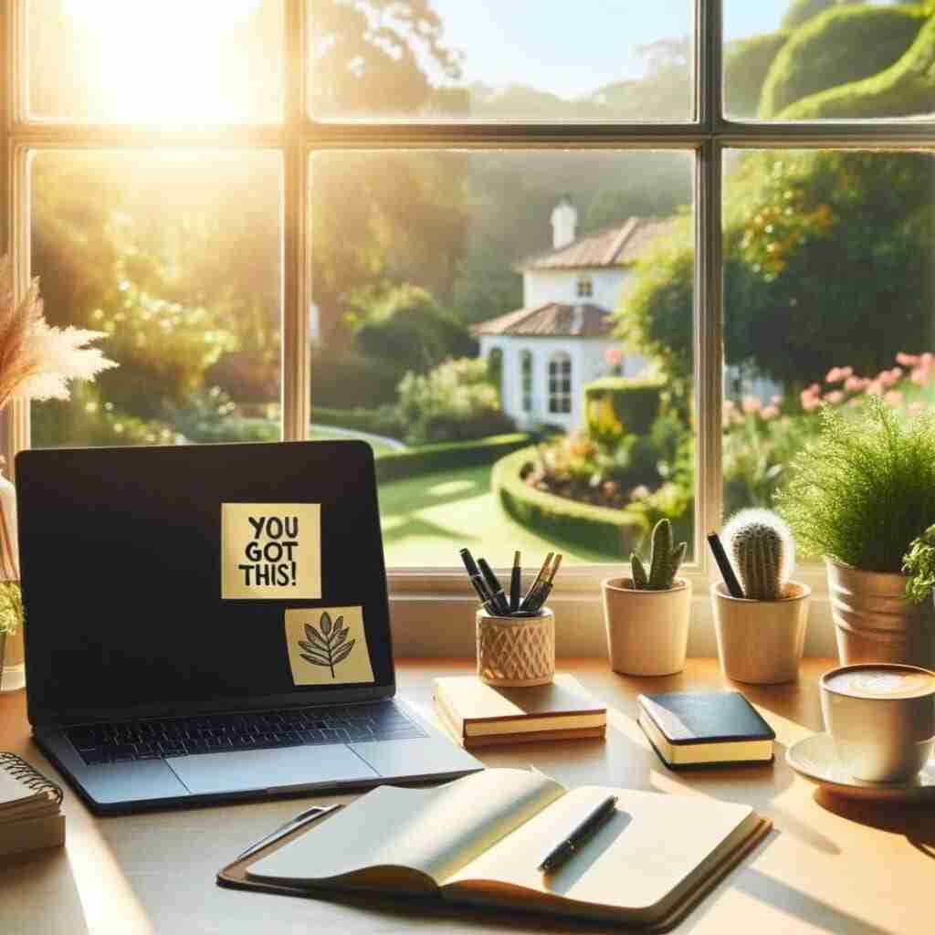 wednesday - Resilient Stories AI image of a desk in front of a window with a laptop screen open and motivational words on post-it notes stuck to it. One post-it note says "you got this" depicting reading motivational Wednesdays quotes