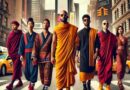 AI-generated image featuring a diverse group of modern monks, including both men and women of varied ethnicities, walking through the busy streets of New York City. They are wearing brightly colored robes and outfits that reflect a blend of traditional monk attire with contemporary streetwear elements like sneakers, sunglasses, and stylish accessories.