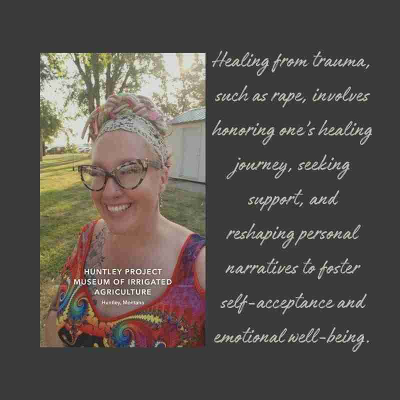 Another photo of the author and a quote from her story about experiencing a shame spiral after trauma.