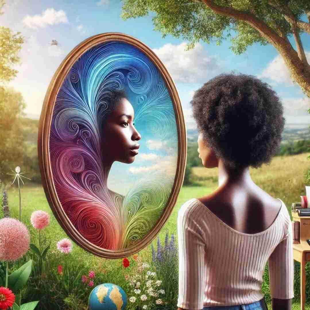 AI-image of African American woman looking in a mirror, depicting self-perception