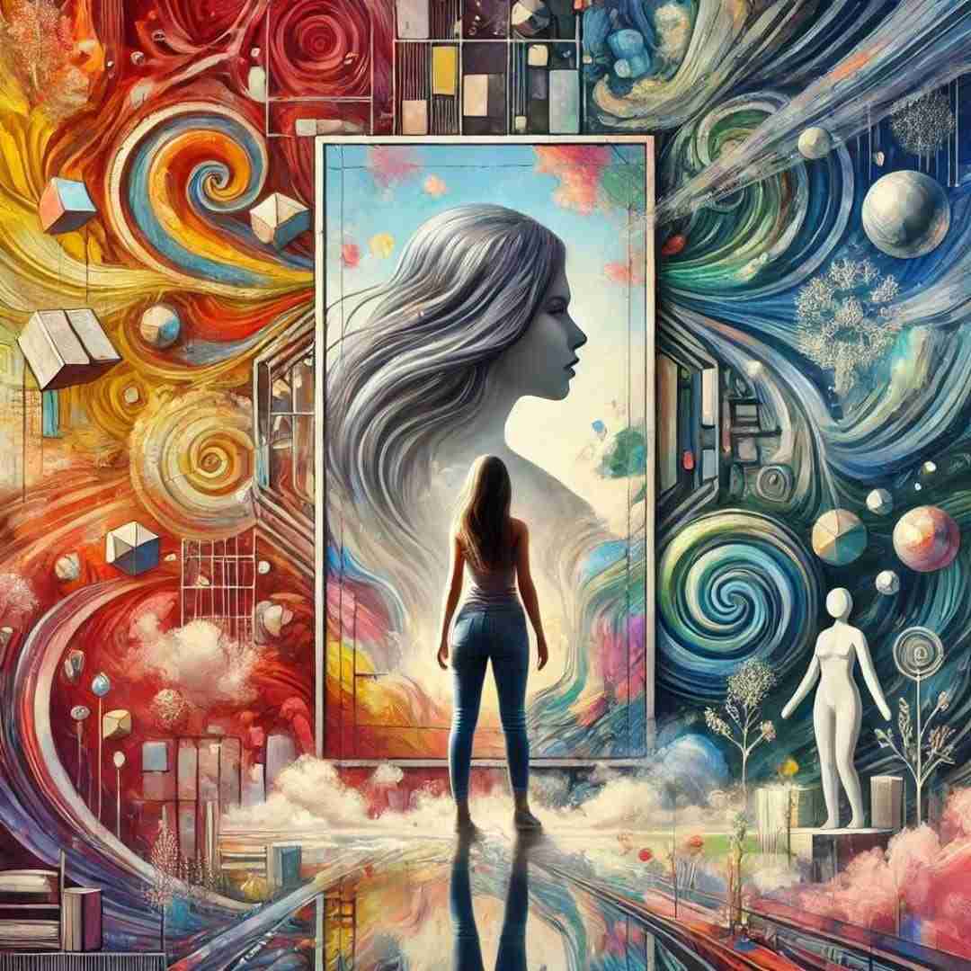 AI-image depicting the concept of self-perception in abstract, colorful way with woman looking at herself in giant mirror with swirling colors all around