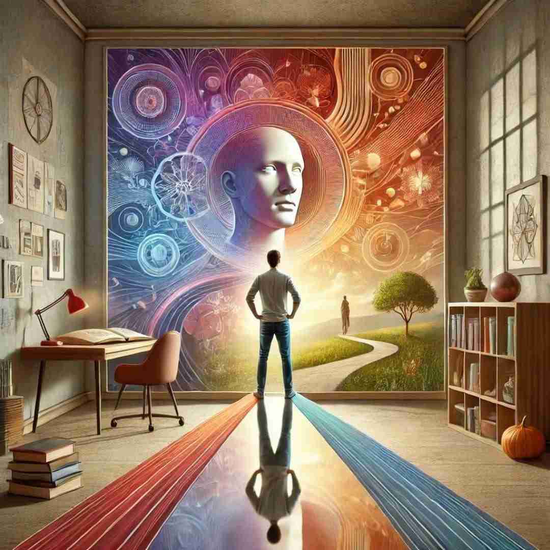 AI-generated image of a man in front of a large mirror, seeing himself in his most basic and complete form,
